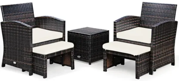 5 Pieces Patio Rattan Furniture Set with Ottoman and Tempered Glass Coffee Table