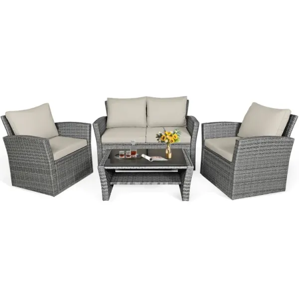 4 Pieces Patio Rattan Furniture Set Sofa Table with Storage Shelf Cushion