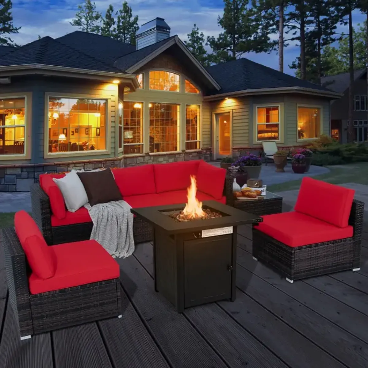 7 Pieces Patio Furniture Set with 28 Inches 50000 BTU Propane Gas Fire Pit Table