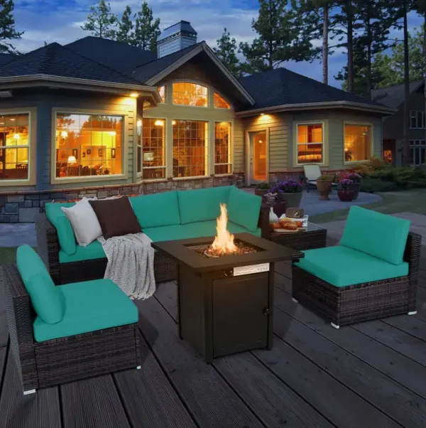 7 Pieces Patio Furniture Set with 28 Inches 50000 BTU Propane Gas Fire Pit Table