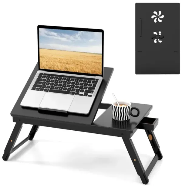 Adjustable Bamboo Laptop Desk with Tilting Top and Drawer
