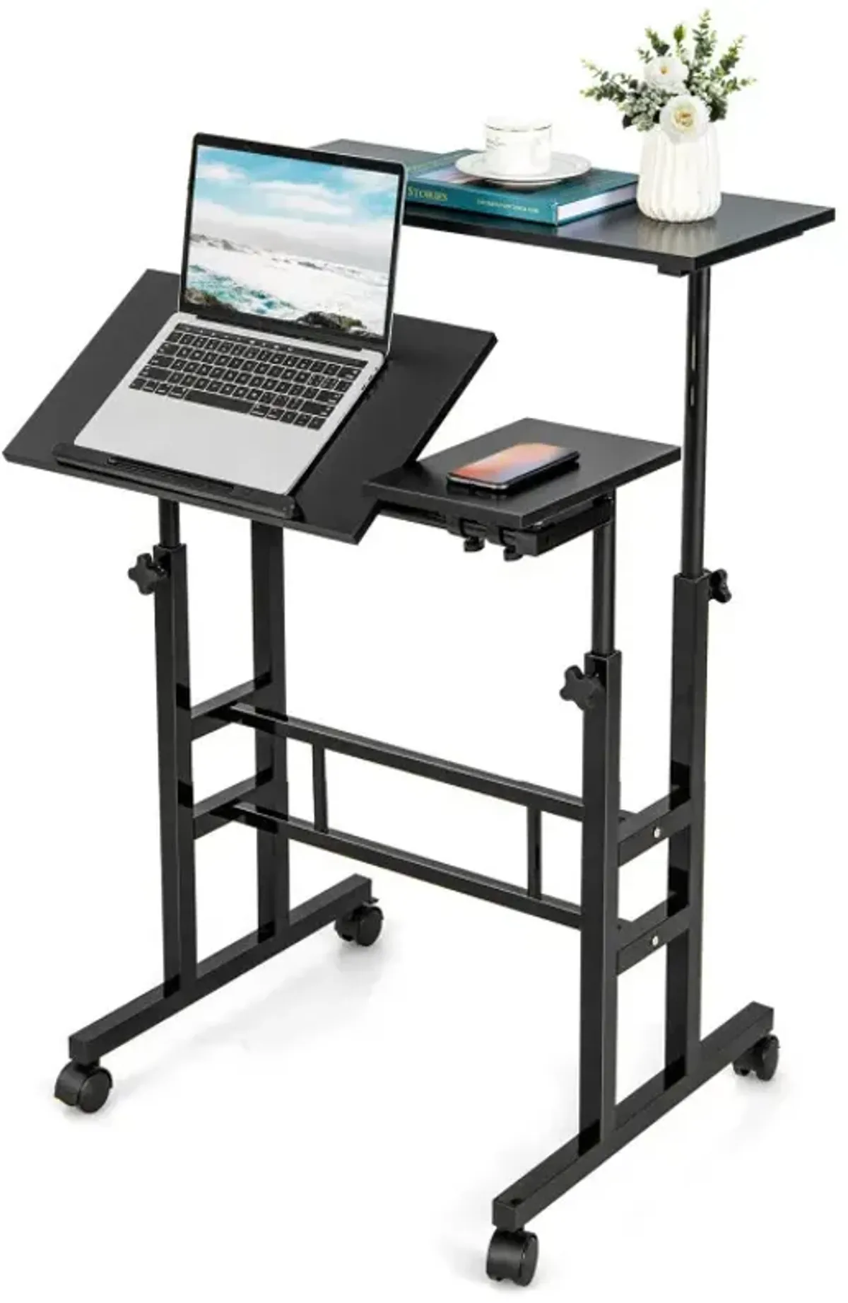Mobile Stand-up Computer Desk Adjustable with 2 Tilting Desktops