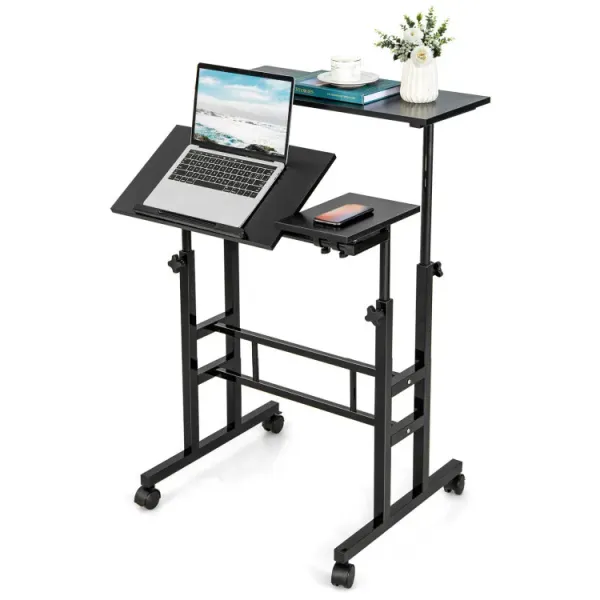 Mobile Stand-up Computer Desk Adjustable with 2 Tilting Desktops