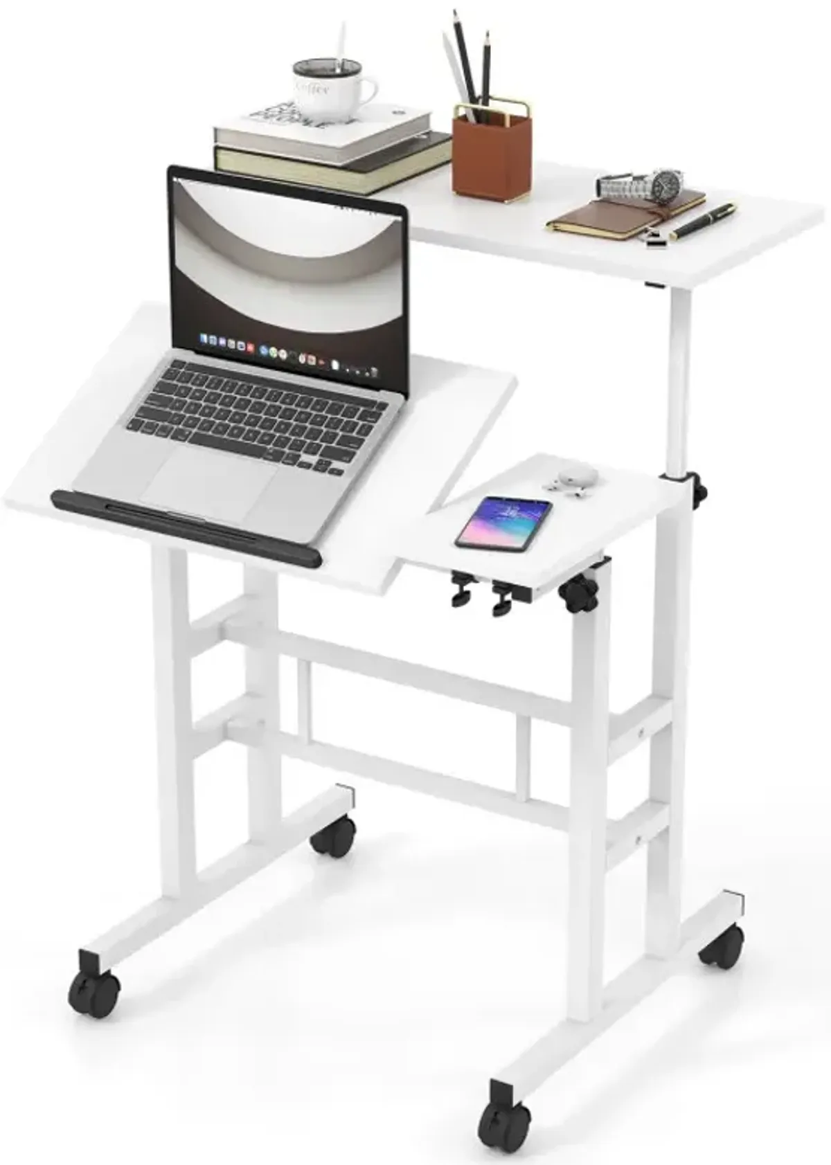 Mobile Stand-up Computer Desk Adjustable with 2 Tilting Desktops