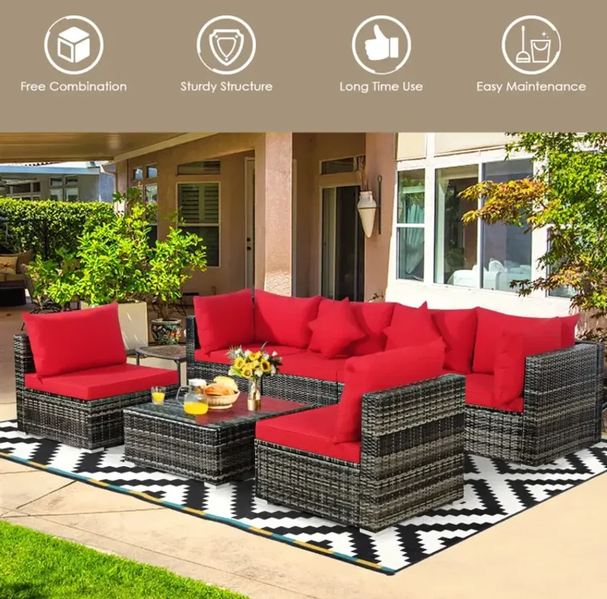 7 Pieces Patio Rattan Furniture Set with Sectional Sofa Cushioned