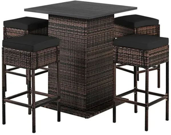 5 Pieces Patio Rattan Bar Furniture Set with Cushions and Hidden Storage Shelf