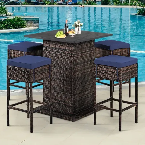 5 Pieces Patio Rattan Bar Furniture Set with Cushions and Hidden Storage Shelf