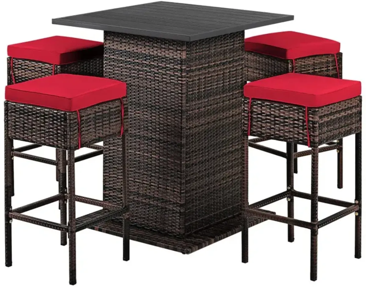 5 Pieces Patio Rattan Bar Furniture Set with Cushions and Hidden Storage Shelf