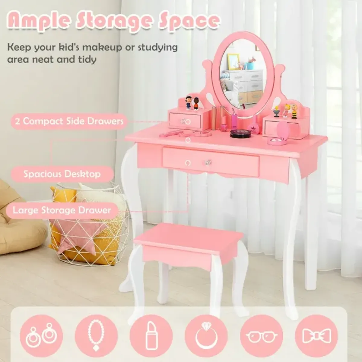 Kids Princess Makeup Dressing Vanity Set with Mirror and Drawer