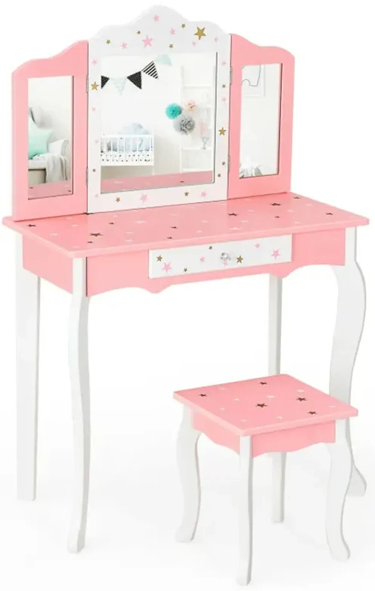 Kids Princess Vanity Table and Stool Set with Tri-folding Mirror and Drawer