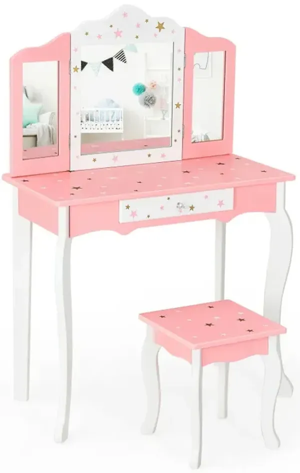 Kids Princess Vanity Table and Stool Set with Tri-folding Mirror and Drawer