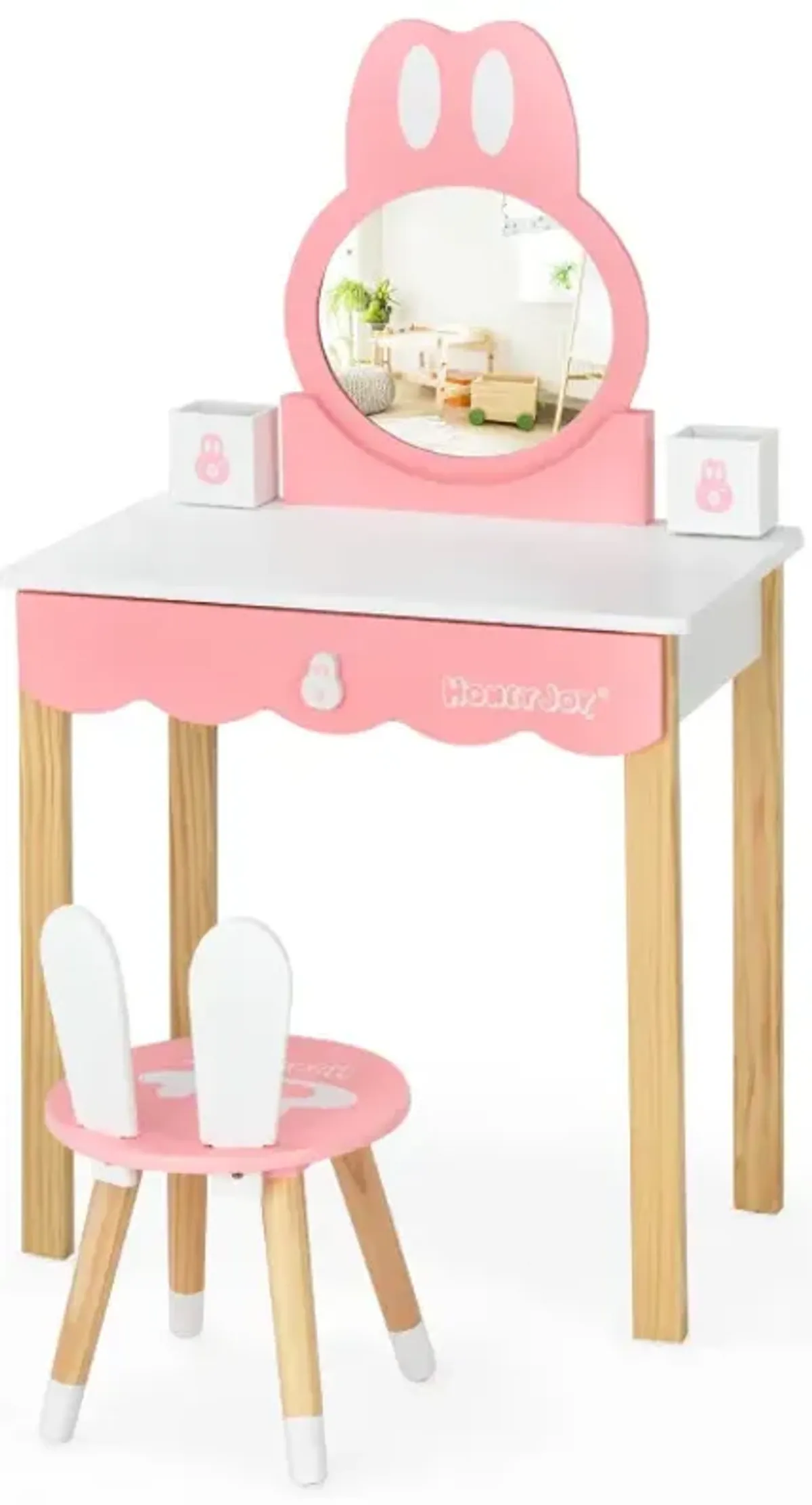 Kids Rabbit Vanity Table Chair Set with Mirror and Drawer