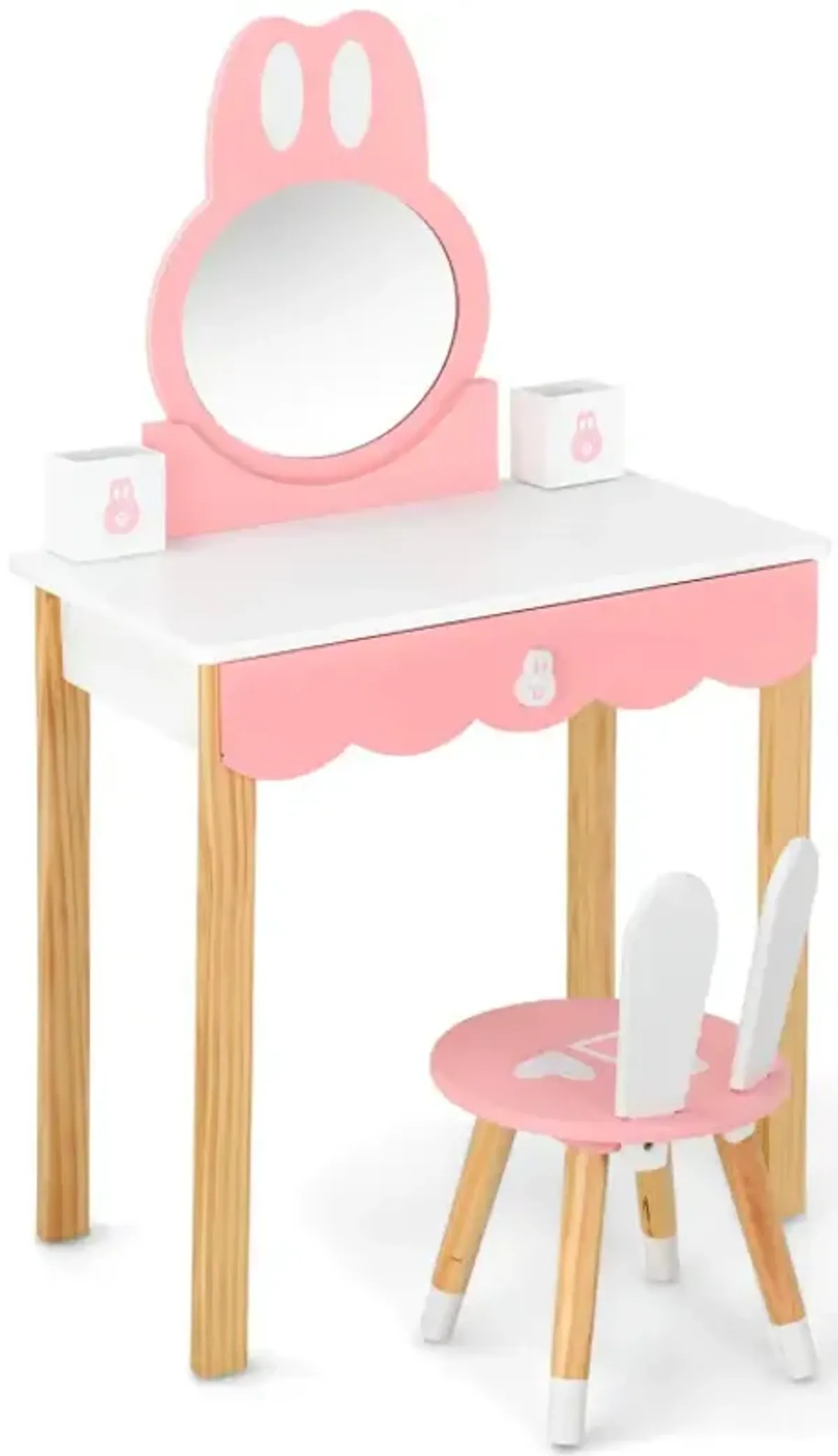 Kids Rabbit Vanity Table Chair Set with Mirror and Drawer