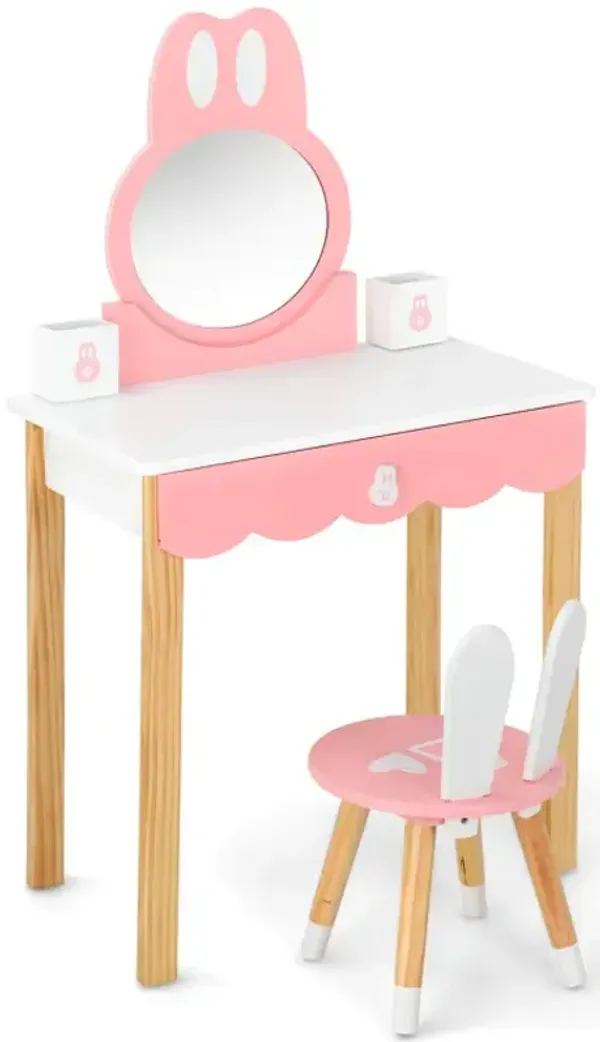 Kids Rabbit Vanity Table Chair Set with Mirror and Drawer
