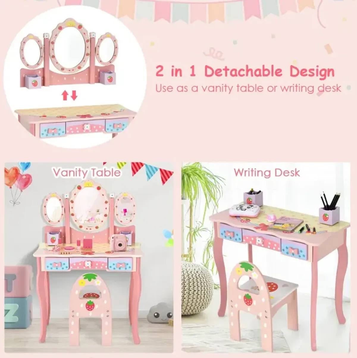 Kids Vanity Princess Makeup Dressing Table Chair Set with Tri-fold Mirror