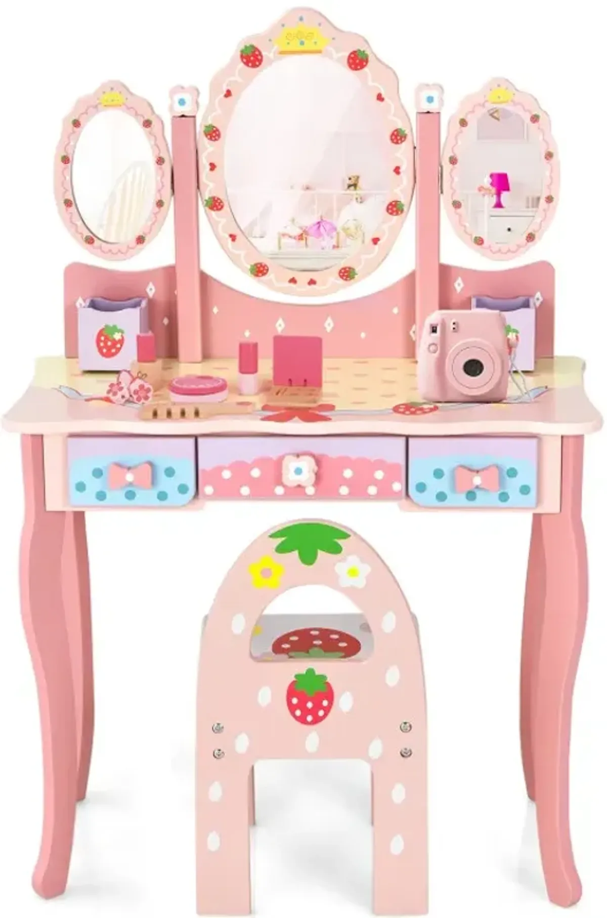 Kids Vanity Princess Makeup Dressing Table Chair Set with Tri-fold Mirror