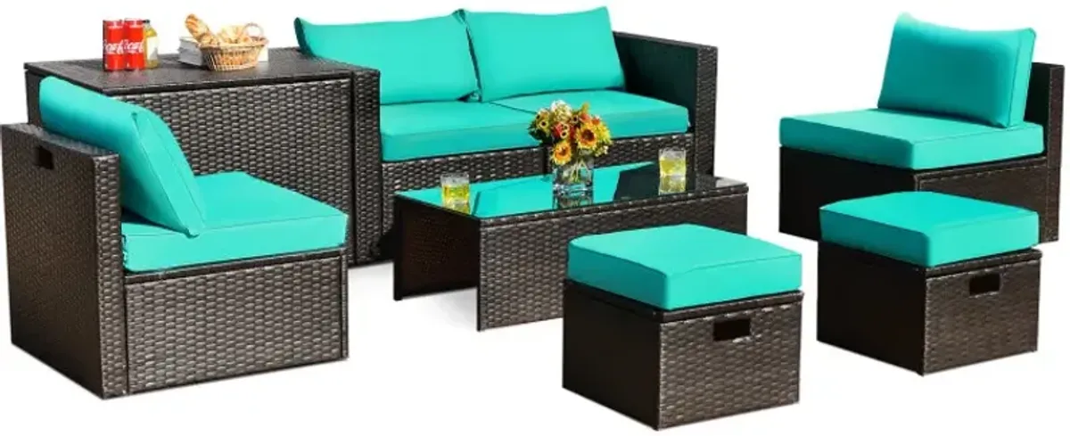 8 Pieces Patio Space-Saving Rattan Furniture Set with Storage Box and Waterproof Cover