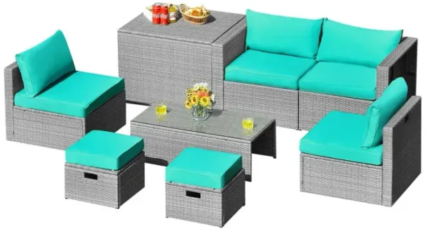 8 Pieces Patio Rattan Furniture Set with Storage Waterproof Cover and Cushion