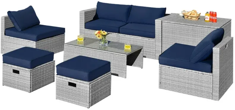 8 Pieces Patio Rattan Furniture Set with Storage Waterproof Cover and Cushion