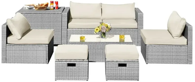 8 Pieces Patio Rattan Furniture Set with Storage Waterproof Cover and Cushion