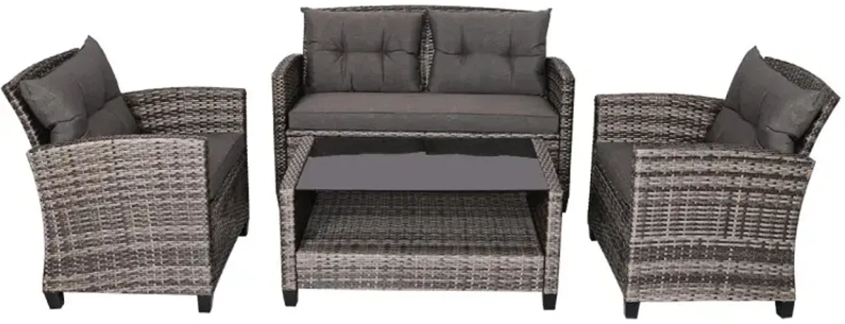 4 Pieces Patio Rattan Furniture Set with Coffee Table and Cushioned Sofa