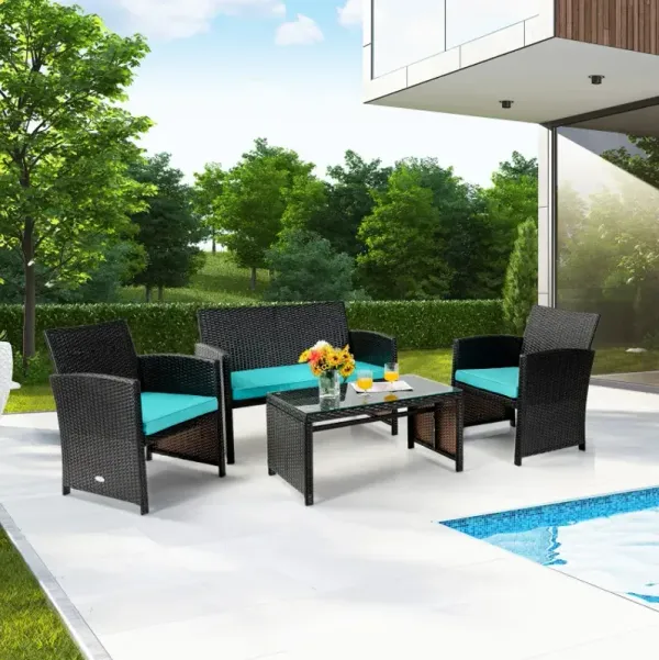 4 Pieces Patio Rattan Cushioned Furniture Set