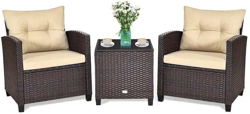 3 Pieces Rattan Patio Furniture Set with Washable Cushion