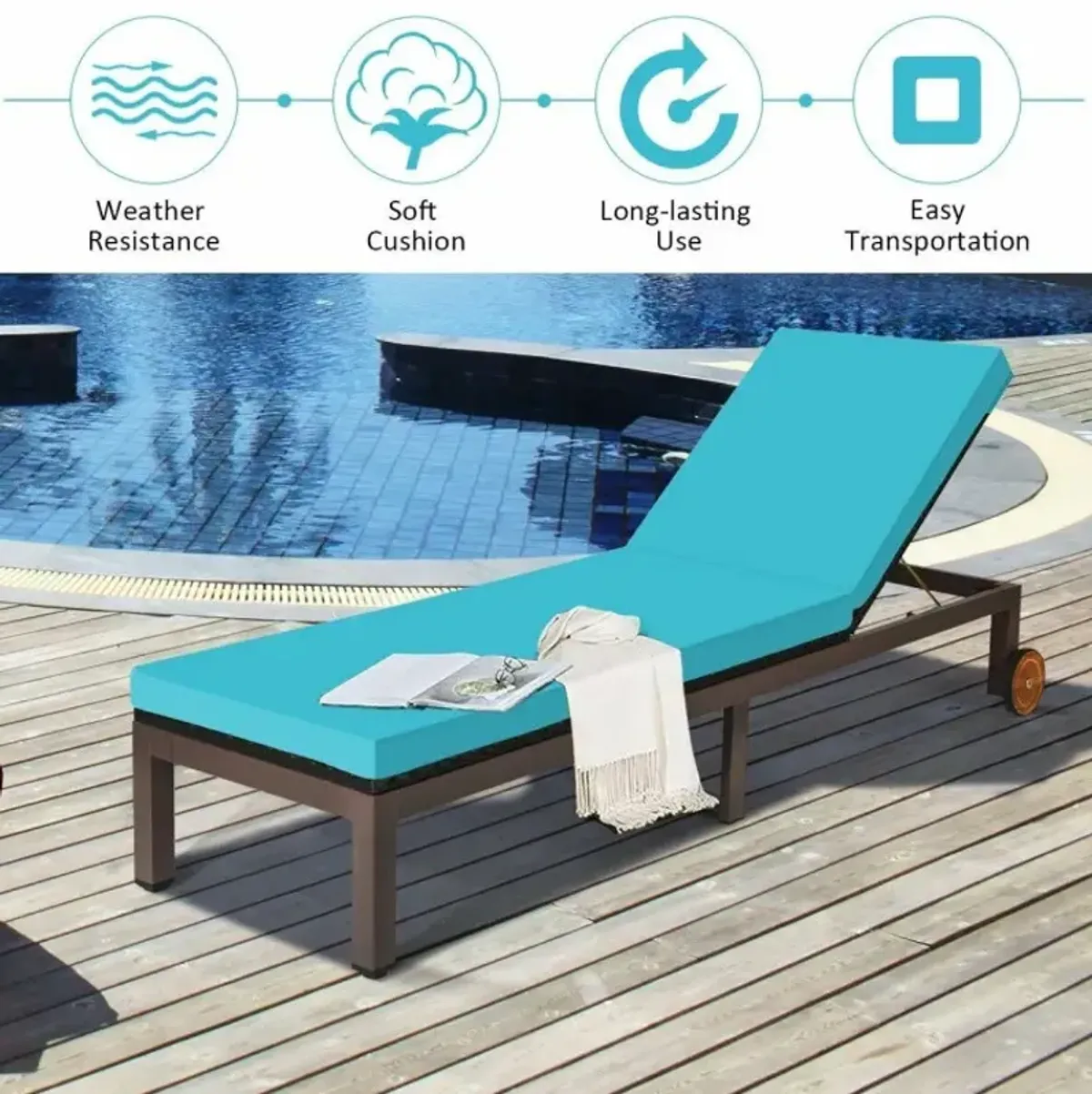Outdoor Wicker Patio Chaise Lounge Recliner Chair with 5-Position Adjustment and Wheels