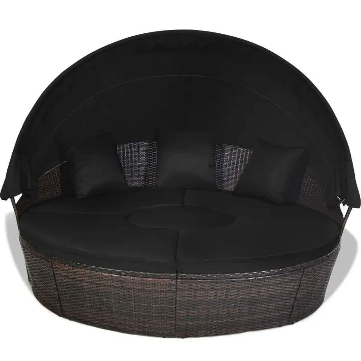 Patio Round Rattan Daybed with Retractable Canopy and Height Adjustable Coffee Table