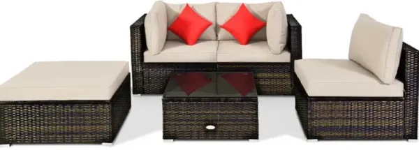 5 Pieces Outdoor Patio Rattan Furniture Set Sectional Conversation with Cushions