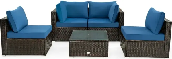 5 Pieces Cushioned Patio Rattan Furniture Set with Glass Table