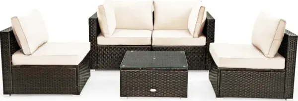 5 Pieces Cushioned Patio Rattan Furniture Set with Glass Table