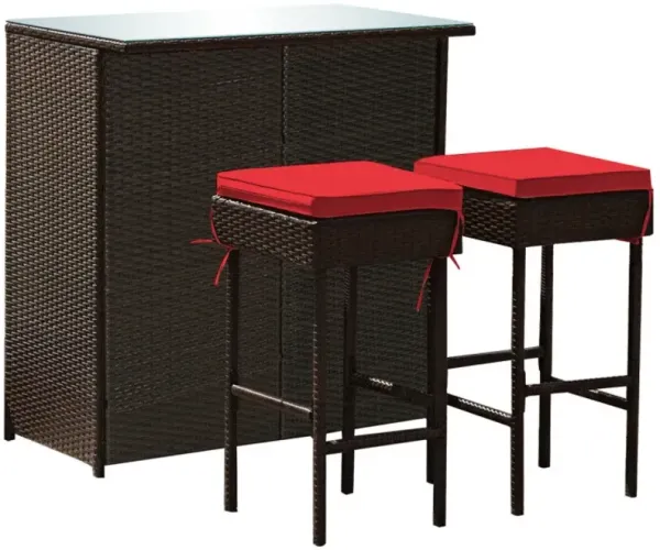 3 Pieces Outdoor Rattan Wicker Bar Set with 2 Cushions Stools