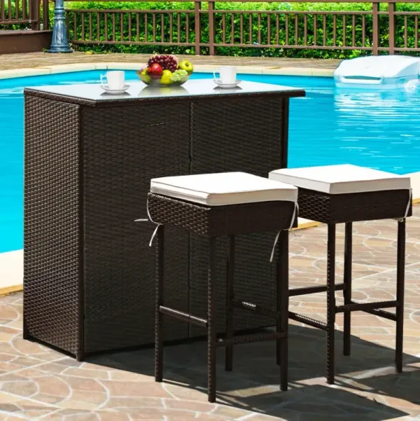 3 Pieces Outdoor Rattan Wicker Bar Set with 2 Cushions Stools