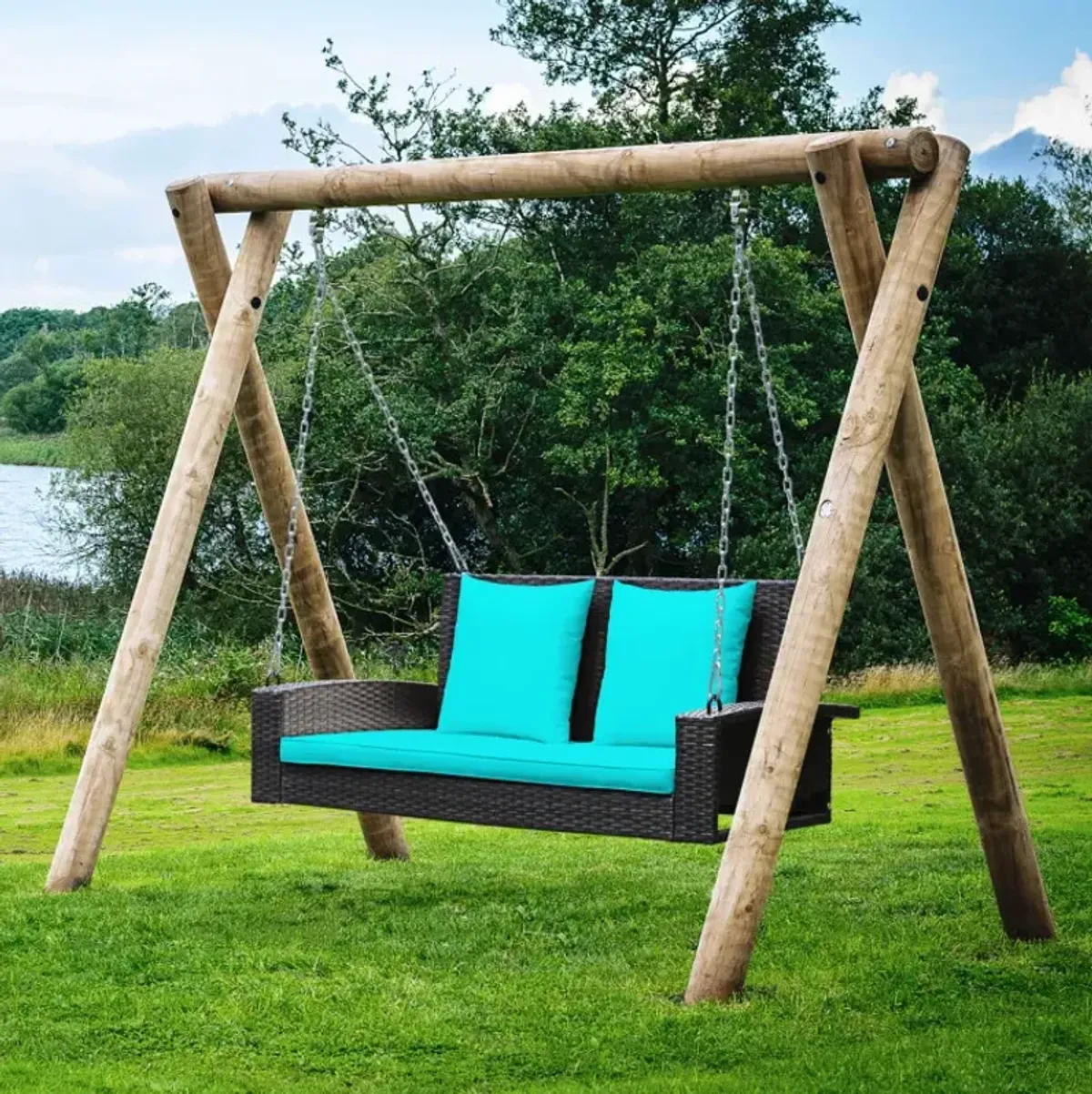 2-Person Wicker Hanging Porch Swing with 2 Back Cushions and 1 Seat Cushion