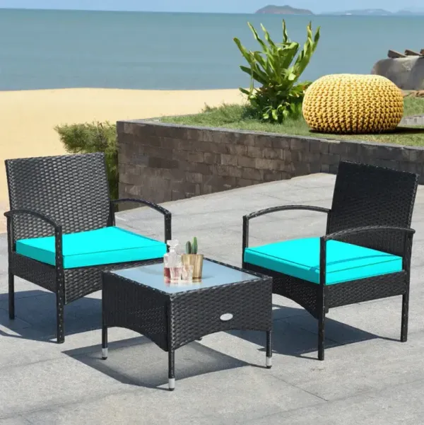 3 Pieces Patio Wicker Rattan Furniture Set with Cushions for Lawn Backyard