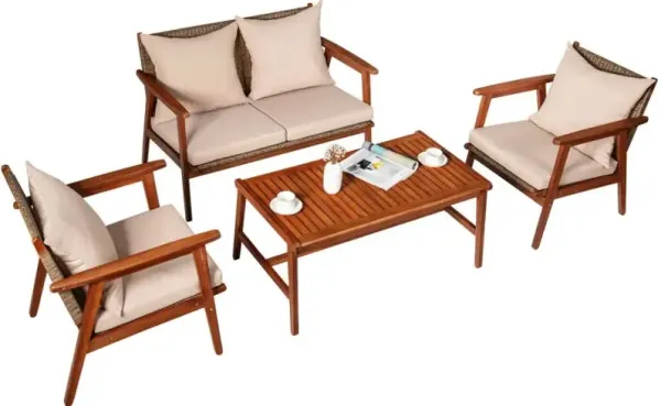 4 Pieces Acacia Wood Patio Rattan Furniture Set with Zippered Cushions