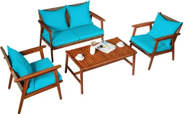 4 Pieces Acacia Wood Patio Rattan Furniture Set with Zippered Cushions