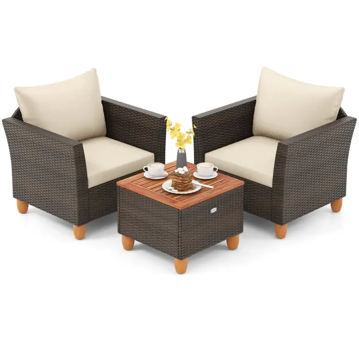 3 Pieces Patio Rattan Bistro Furniture Set with Wooden Table Top