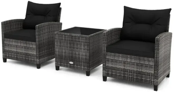 3 Pieces Outdoor Wicker Conversation Set with Tempered Glass Tabletop