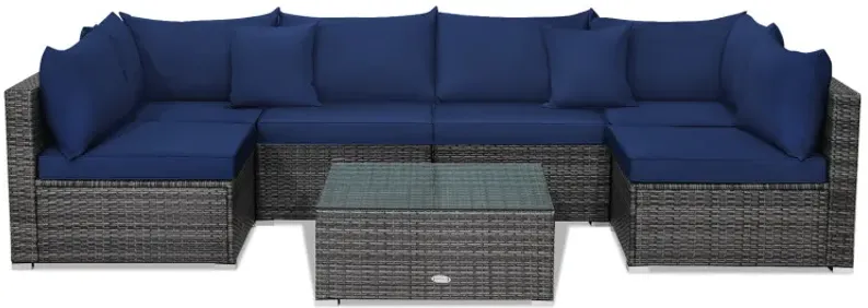 7 Pieces Patio Rattan Furniture Set with Sectional Sofa Cushioned