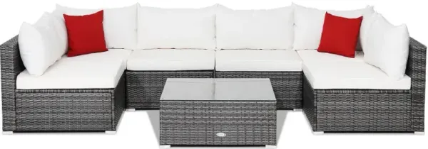 7 Pieces Patio Rattan Furniture Set with Sectional Sofa Cushioned