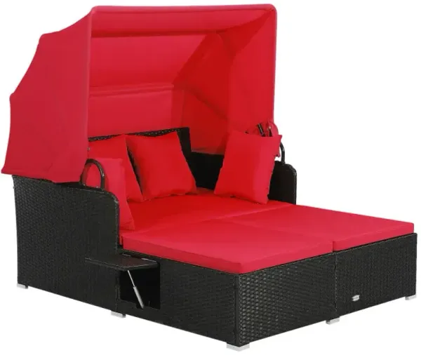 Patio Rattan Daybed with Retractable Canopy and Side Tables