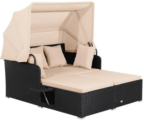 Patio Rattan Daybed with Retractable Canopy and Side Tables