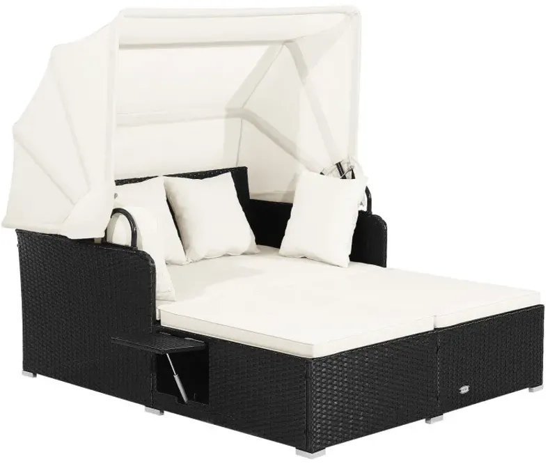 Patio Rattan Daybed with Retractable Canopy and Side Tables