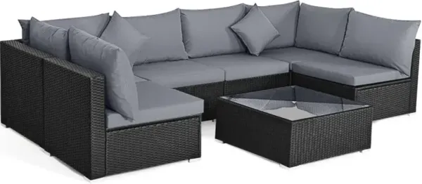7 Pieces Sectional Wicker Furniture Sofa Set with Tempered Glass Top Coffee Table