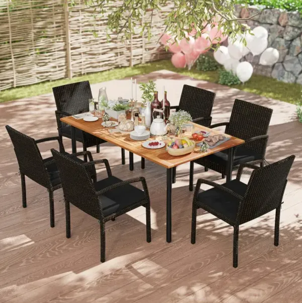 7 Pieces Outdoor Dining Set Acacia Wood Table with Umbrella Hole and Cushions