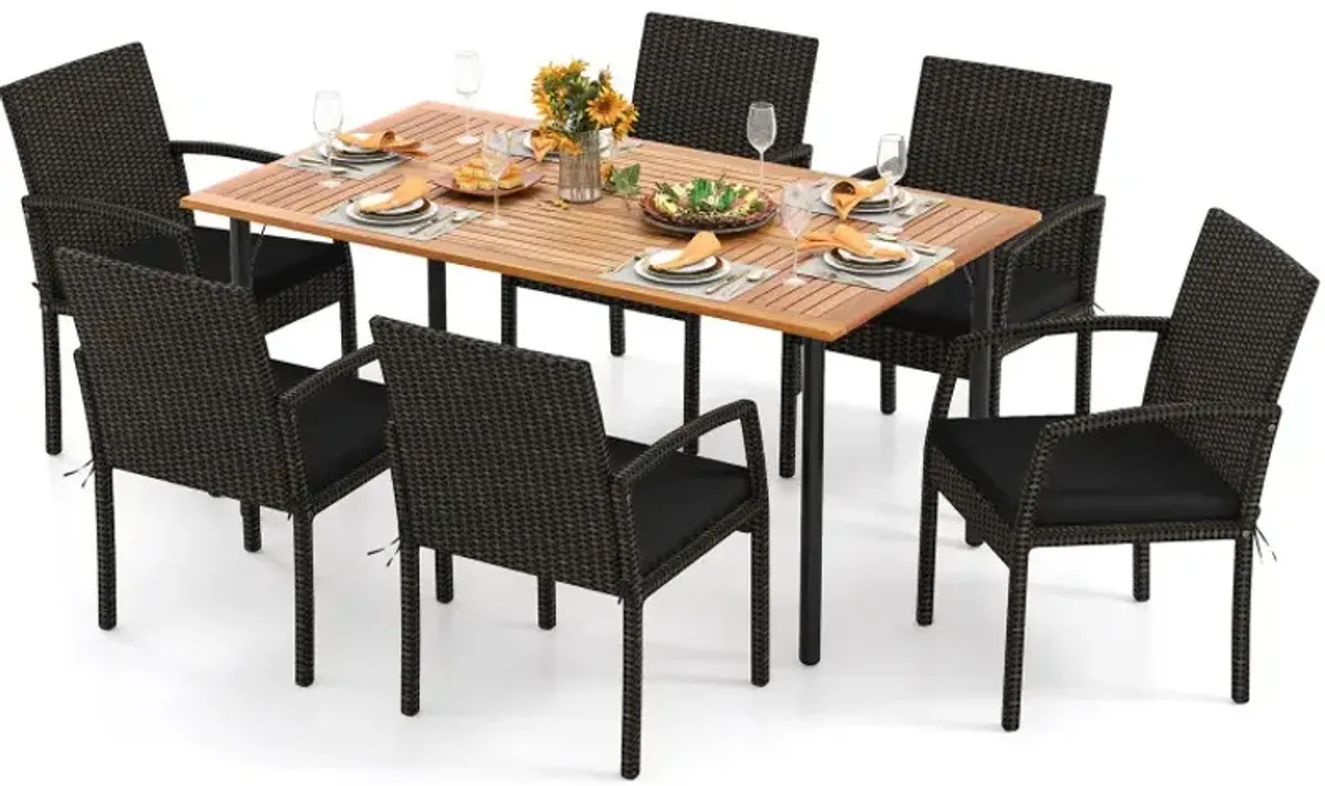 7 Pieces Outdoor Dining Set Acacia Wood Table with Umbrella Hole and Cushions