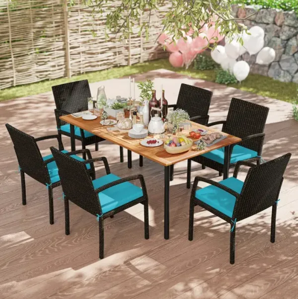 7 Pieces Outdoor Dining Set Acacia Wood Table with Umbrella Hole and Cushions