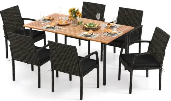 7 Pieces Outdoor Dining Set Acacia Wood Table with Umbrella Hole and Cushions